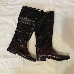 Dark Brown Croc-Embossed Leather Boots